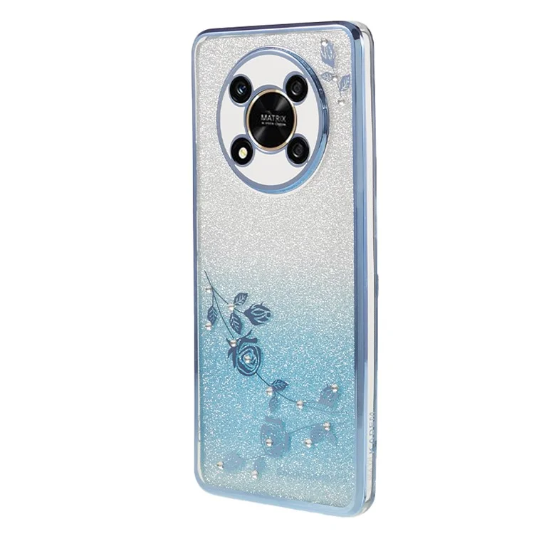 KADEM Pour Honor X30 5G Coque de Téléphone Décoration de Strass TPU Électroplacage Fleur Étui Smartphone - Bleu 