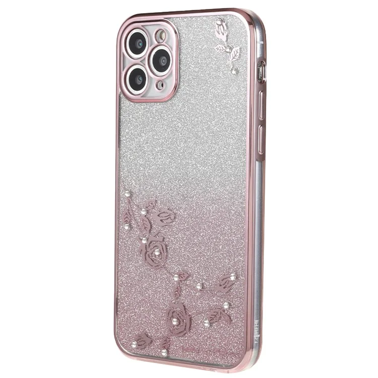 KADEM para iPhone 11 Pro Max 6.5 polegadas Flor Decoração de Cristal Glitter Capa Macia TPU Gradiente Anti-queda Capa de Telefone - Rose Gold