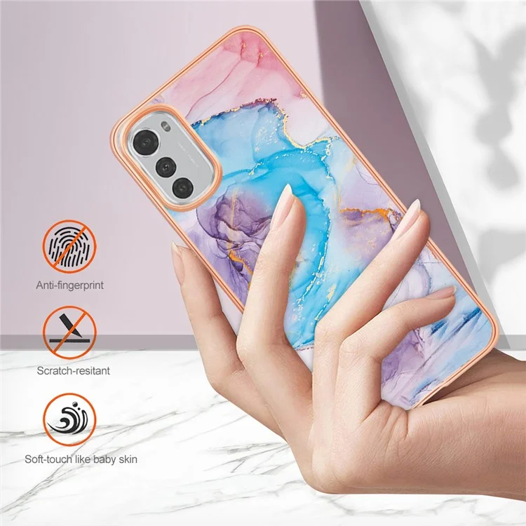 Série YB IMD-1 pour Motorola Moto E32s 4G / E32 4G Étui de téléphone en TPU avec motif floral marbré et métal électrolysé - Voie Lactée Marbre Bleu