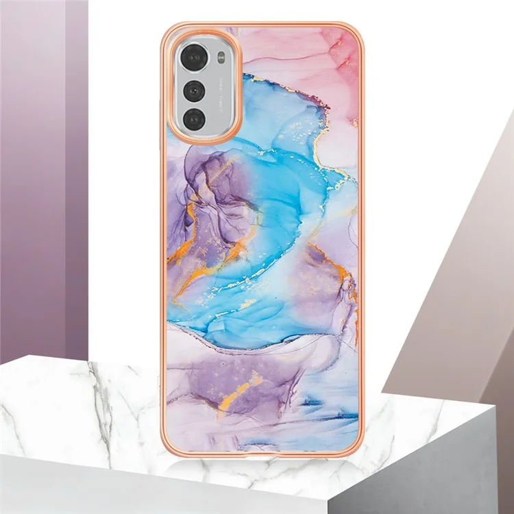 YB IMD Series-1 For Motorola Moto E32s 4G / E32 4G Marble Floral Pattern Electroplating Phone Cover IMD IML TPU Phone Case - Milky Way Marble Blue