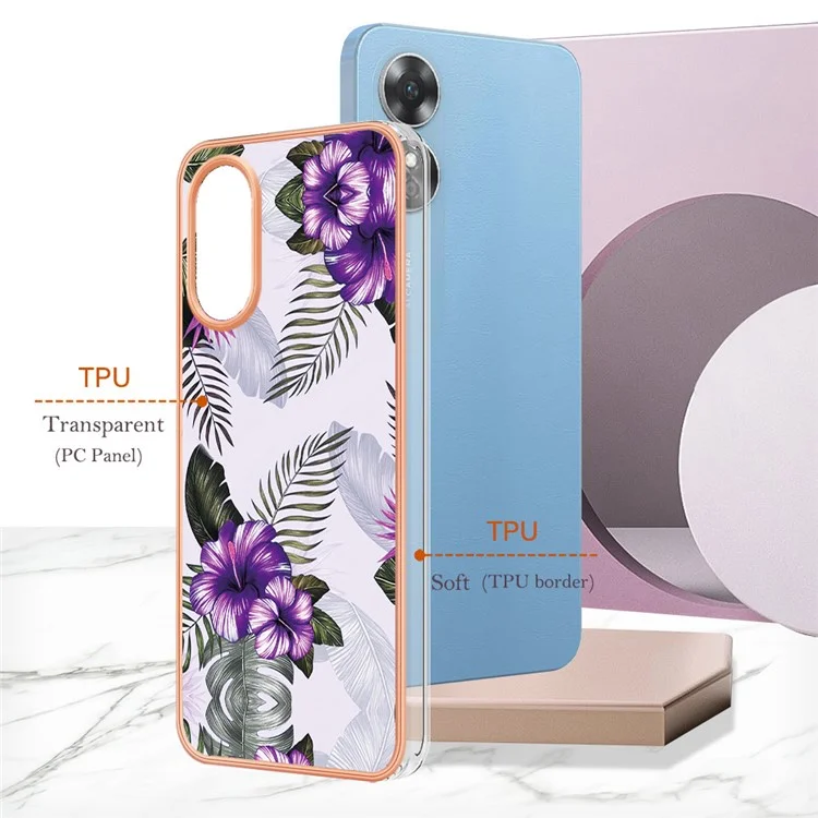 IMD IML Чехол для телефона для Oppo A17 4G, YB IMD Series-1 Мраморный цветочный узор TPU Чехол для телефона - Фиолетовый цветок