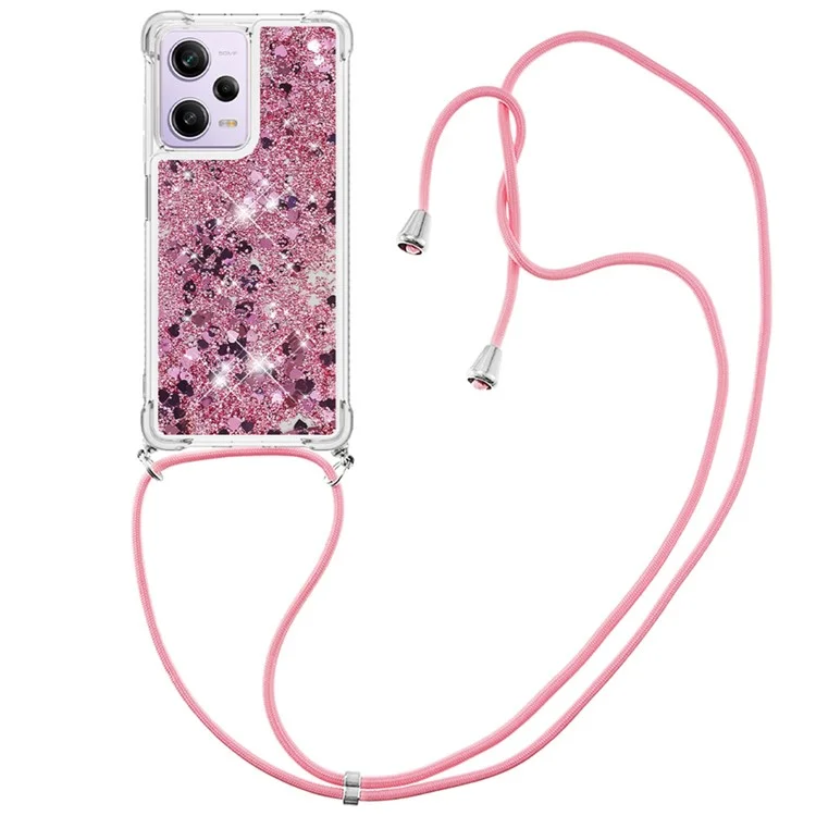 For Xiaomi Redmi Note 12 Pro 5G / Note 12 Pro Speed 5G / Poco X5 Pro 5G TPU Case Quicksand Design Phone Cover with Lanyard - Rose Gold  /  Hearts