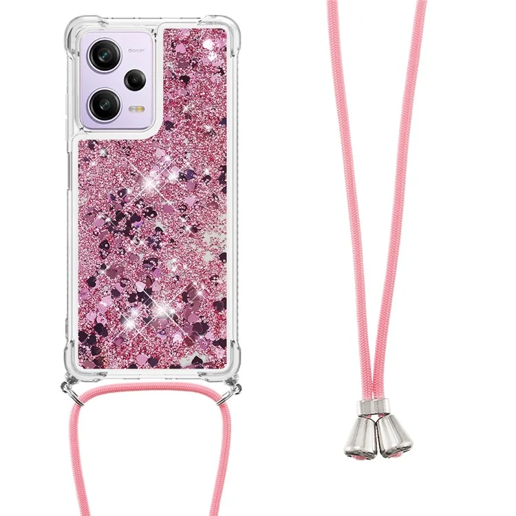 For Xiaomi Redmi Note 12 Pro 5G / Note 12 Pro Speed 5G / Poco X5 Pro 5G TPU Case Quicksand Design Phone Cover with Lanyard - Rose Gold  /  Hearts