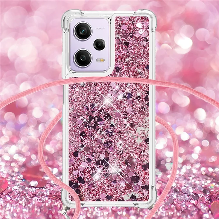 For Xiaomi Redmi Note 12 Pro 5G / Note 12 Pro Speed 5G / Poco X5 Pro 5G TPU Case Quicksand Design Phone Cover with Lanyard - Rose Gold  /  Hearts