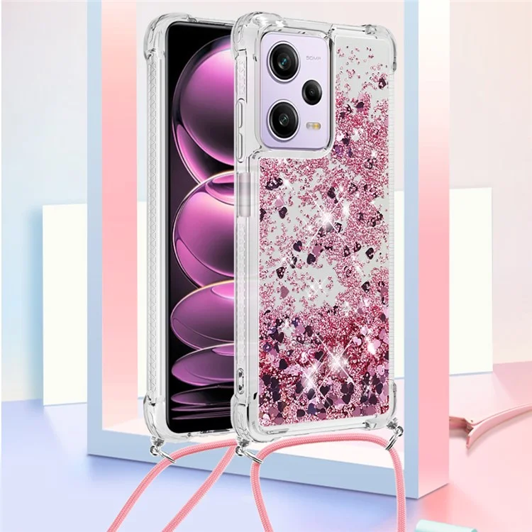 For Xiaomi Redmi Note 12 Pro 5G / Note 12 Pro Speed 5G / Poco X5 Pro 5G TPU Case Quicksand Design Phone Cover with Lanyard - Rose Gold  /  Hearts