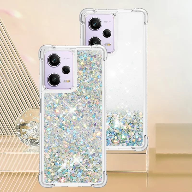 For Xiaomi Redmi Note 12 Pro 5G / Note 12 Pro Speed 5G / Poco X5 Pro 5G TPU Case Glitter Quicksand Shockproof Phone Back Cover - Silver / Hearts