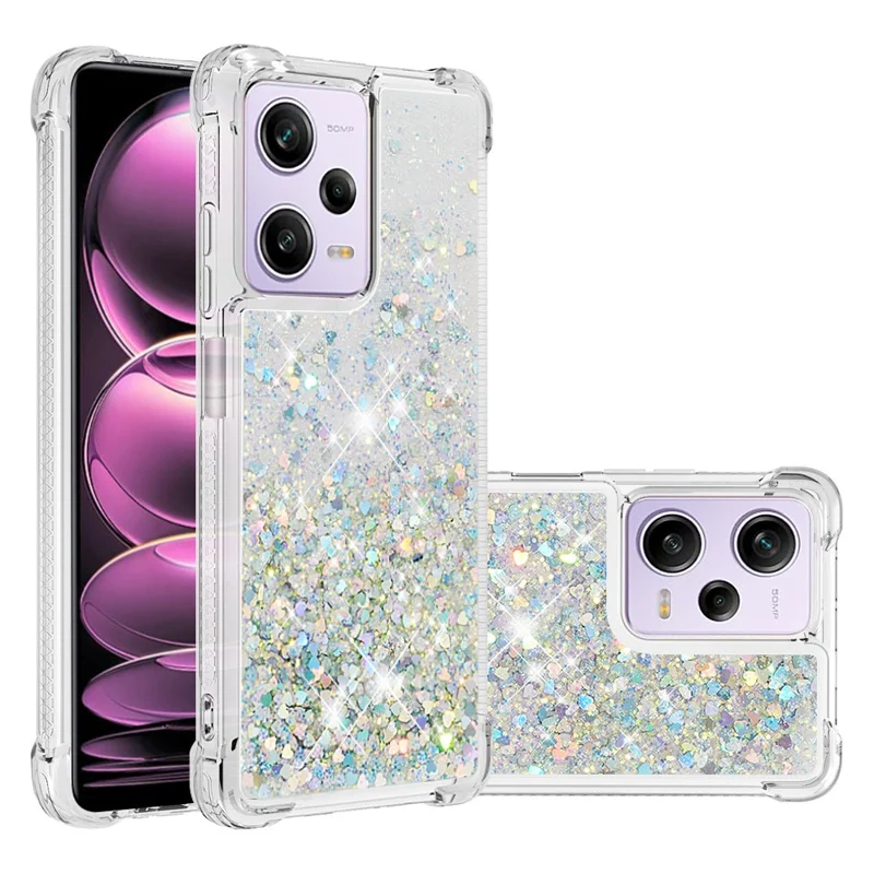 For Xiaomi Redmi Note 12 Pro 5G / Note 12 Pro Speed 5G / Poco X5 Pro 5G TPU Case Glitter Quicksand Shockproof Phone Back Cover - Silver / Hearts