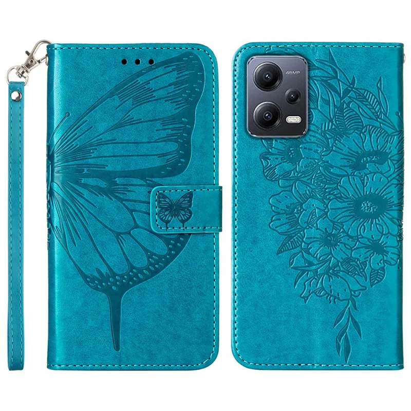 For Xiaomi Redmi Note 12 5G (Global) / (India) / (China) / Poco X5 5G Wallet Case with Wrist Strap Butterfly Imprint Leather Phone Cover - Blue