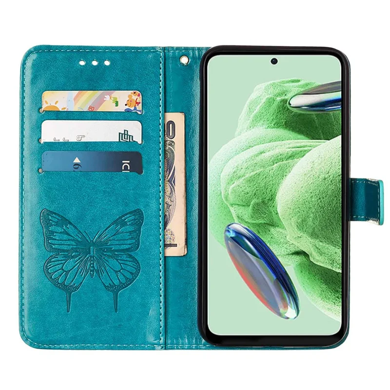 For Xiaomi Redmi Note 12 5G (Global) / (India) / (China) / Poco X5 5G Wallet Case with Wrist Strap Butterfly Imprint Leather Phone Cover - Blue