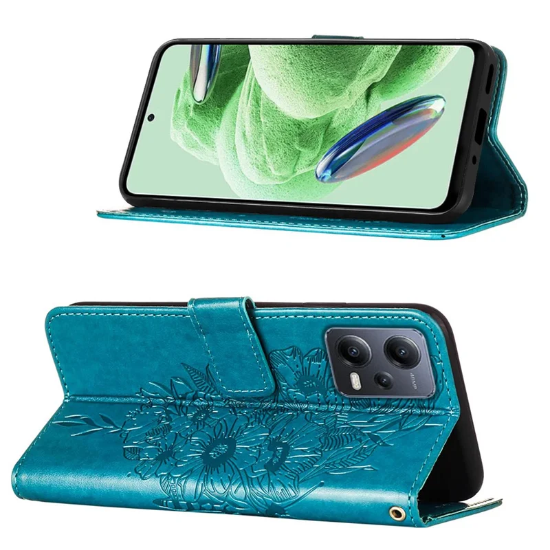 For Xiaomi Redmi Note 12 5G (Global) / (India) / (China) / Poco X5 5G Wallet Case with Wrist Strap Butterfly Imprint Leather Phone Cover - Blue