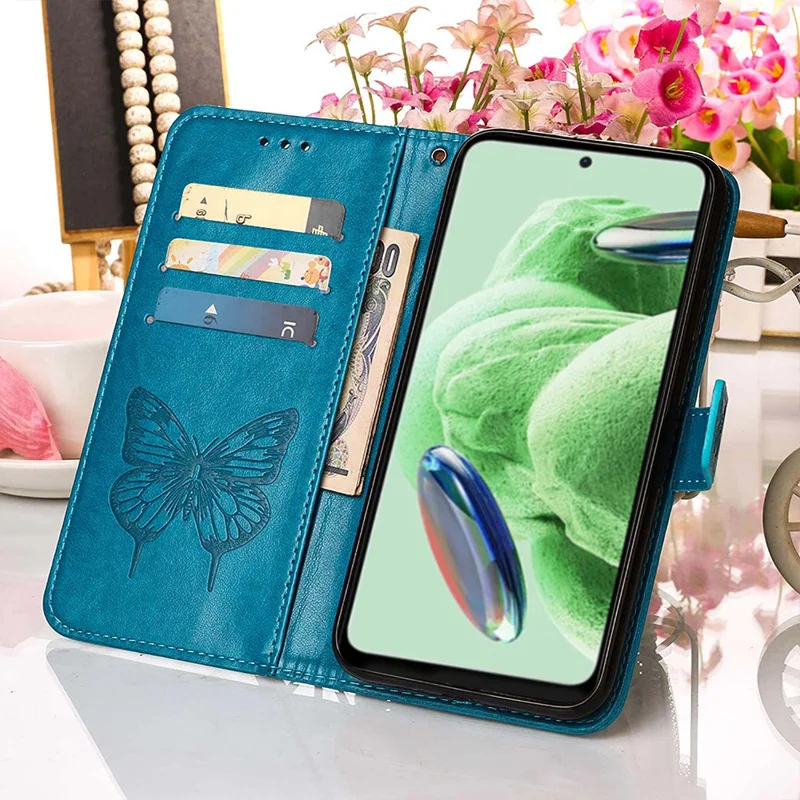 For Xiaomi Redmi Note 12 5G (Global) / (India) / (China) / Poco X5 5G Wallet Case with Wrist Strap Butterfly Imprint Leather Phone Cover - Blue