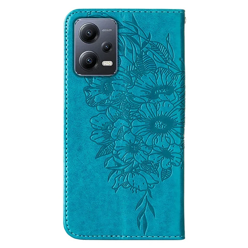 For Xiaomi Redmi Note 12 5G (Global) / (India) / (China) / Poco X5 5G Wallet Case with Wrist Strap Butterfly Imprint Leather Phone Cover - Blue