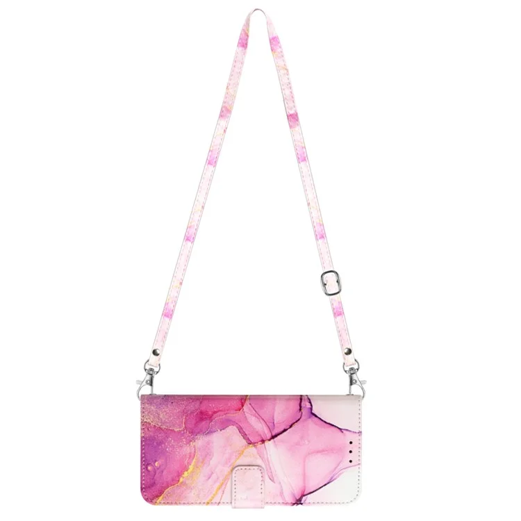For Xiaomi Redmi Note 12 5G (China) / (Global) / Poco X5 5G Leather Case with Shoulder Strap Marble Pattern Phone Cover - Pink / Purple / Gold LS001