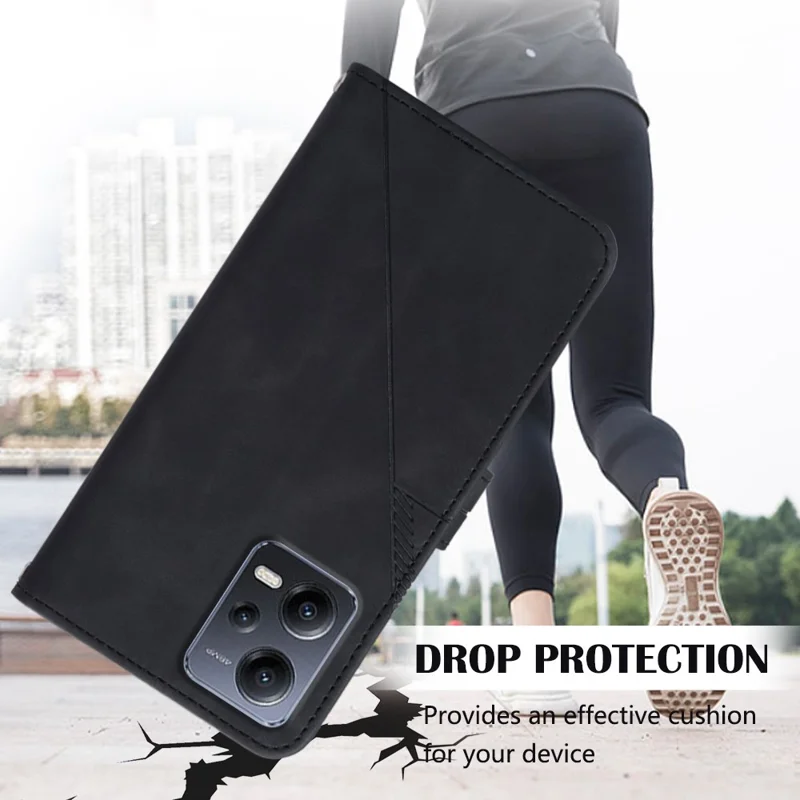 Futera skórzana z paskiem na rękę, portfel z podstawką do telefonu Xiaomi Redmi Note 12 5G (Chiny) / (Global) / Poco X5 5G – Czarny