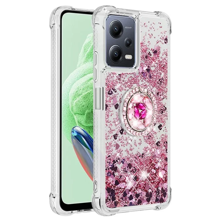 Для Xiaomi Redmi Note 12 5G (Global) / (India) / (China) / Poco X5 5G YB Quicksand Series-7 Ring Kickstand Soft TPU Case Phone Cover - Розовое Золото / Сердца