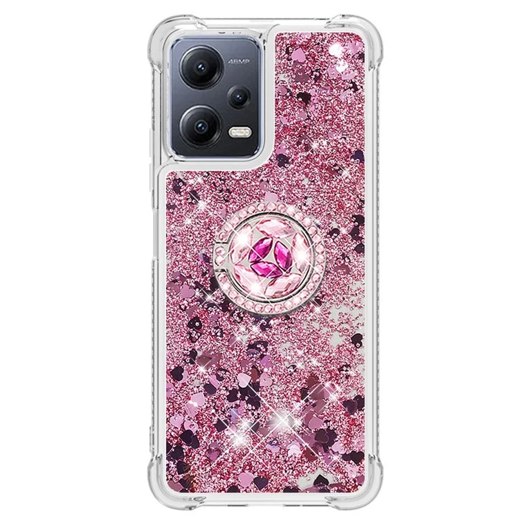 Для Xiaomi Redmi Note 12 5G (Global) / (India) / (China) / Poco X5 5G YB Quicksand Series-7 Ring Kickstand Soft TPU Case Phone Cover - Розовое Золото / Сердца