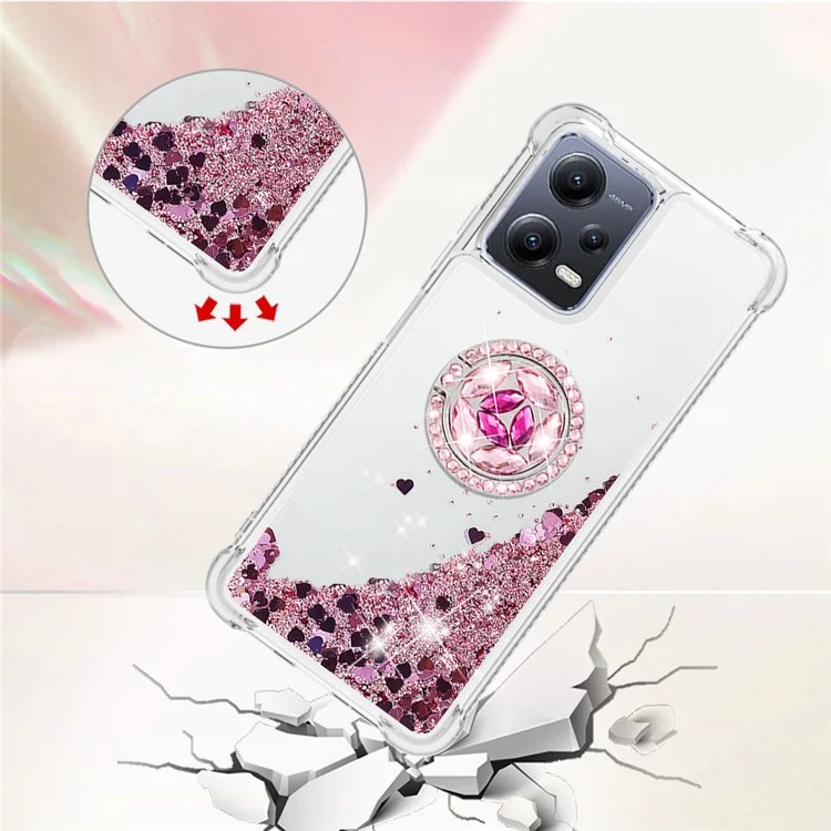 Для Xiaomi Redmi Note 12 5G (Global) / (India) / (China) / Poco X5 5G YB Quicksand Series-7 Ring Kickstand Soft TPU Case Phone Cover - Розовое Золото / Сердца