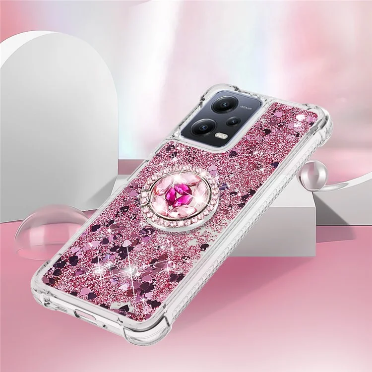 Для Xiaomi Redmi Note 12 5G (Global) / (India) / (China) / Poco X5 5G YB Quicksand Series-7 Ring Kickstand Soft TPU Case Phone Cover - Розовое Золото / Сердца