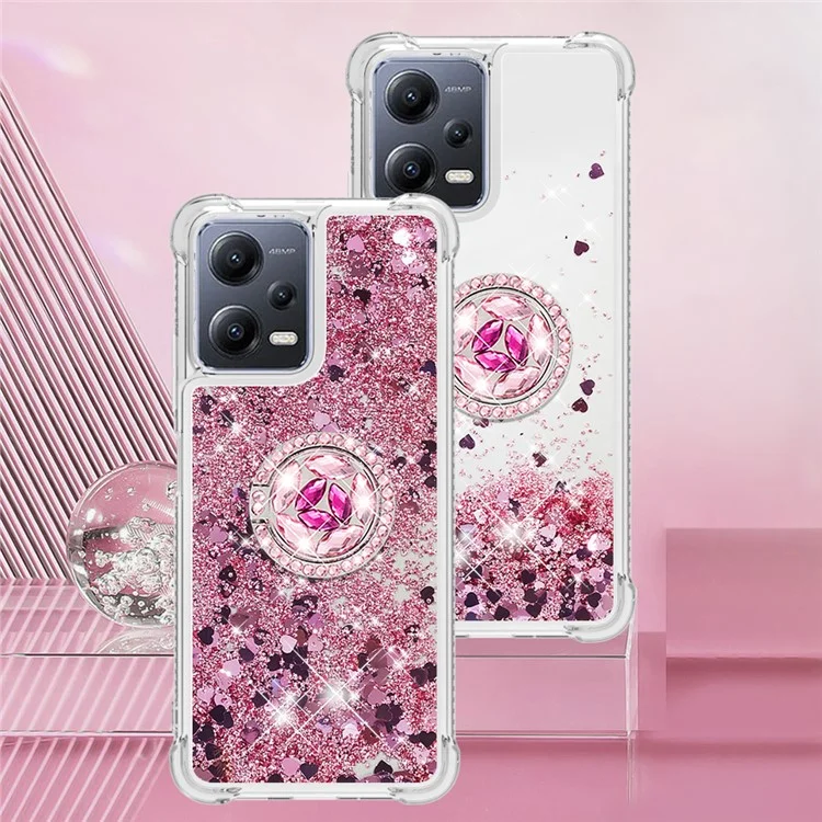 Для Xiaomi Redmi Note 12 5G (Global) / (India) / (China) / Poco X5 5G YB Quicksand Series-7 Ring Kickstand Soft TPU Case Phone Cover - Розовое Золото / Сердца