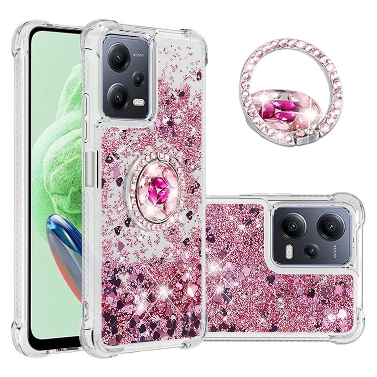 Для Xiaomi Redmi Note 12 5G (Global) / (India) / (China) / Poco X5 5G YB Quicksand Series-7 Ring Kickstand Soft TPU Case Phone Cover - Розовое Золото / Сердца