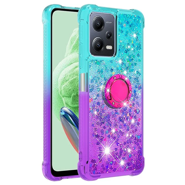 Pour Xiaomi Redmi Note 12 5G (Chine) / (Global) / Poco X5 5G YB Quicksand Series-8 Gradient Quicksand Ring Kickstand TPU Cover - Bleu Ciel / Violet