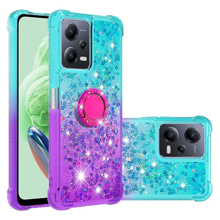 Pour Xiaomi Redmi Note 12 5G (Chine) / (Global) / Poco X5 5G YB Quicksand Series-8 Gradient Quicksand Ring Kickstand TPU Cover - Bleu Ciel / Violet