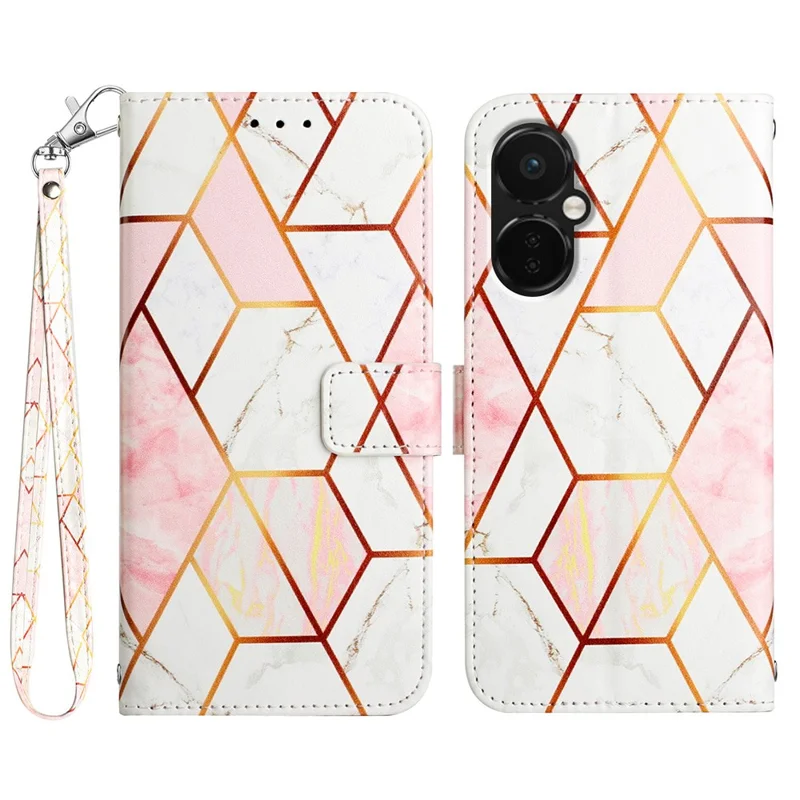 For OnePlus Nord CE 3 Lite 5G / Nord N30 5G Case with Strap Marble Pattern Leather Phone Cover Card Holder - Pink / White 002