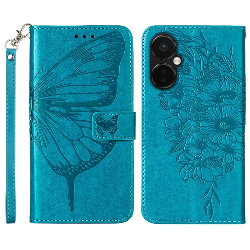For OnePlus Nord CE 3 Lite 5G / Nord N30 5G Wallet Case with Wrist Strap Butterfly Imprint Leather Phone Cover - Blue