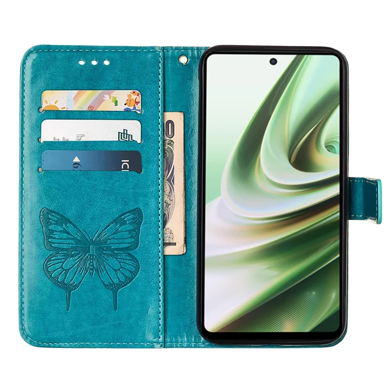 For OnePlus Nord CE 3 Lite 5G / Nord N30 5G Wallet Case with Wrist Strap Butterfly Imprint Leather Phone Cover - Blue