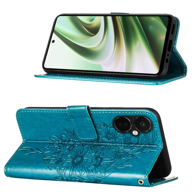 For OnePlus Nord CE 3 Lite 5G / Nord N30 5G Wallet Case with Wrist Strap Butterfly Imprint Leather Phone Cover - Blue