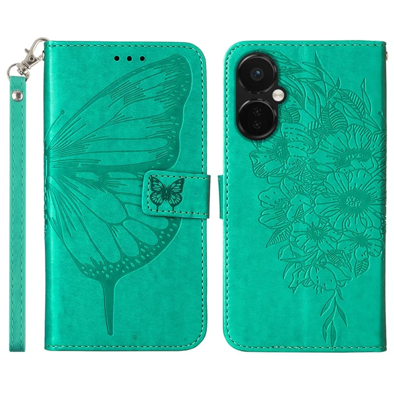 For OnePlus Nord CE 3 Lite 5G / Nord N30 5G Wallet Case with Wrist Strap Butterfly Imprint Leather Phone Cover - Green