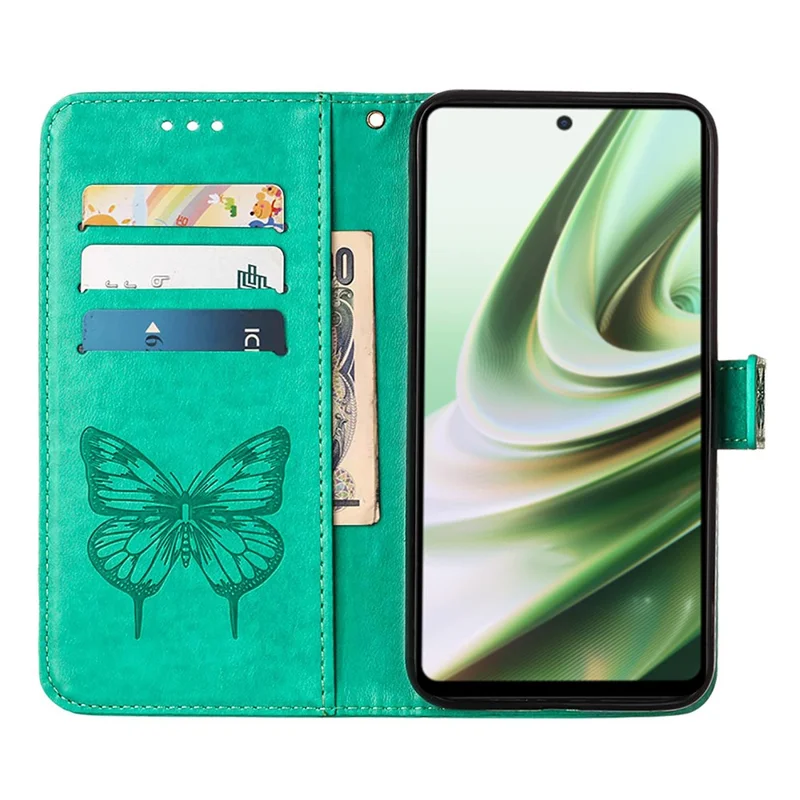For OnePlus Nord CE 3 Lite 5G / Nord N30 5G Wallet Case with Wrist Strap Butterfly Imprint Leather Phone Cover - Green