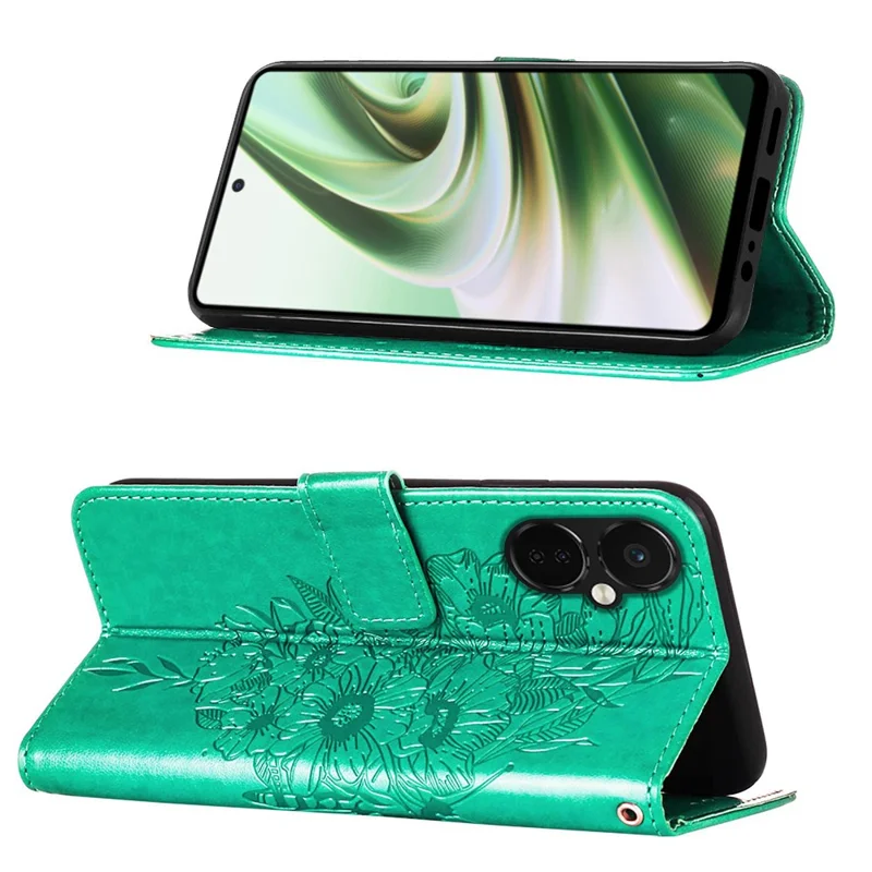 For OnePlus Nord CE 3 Lite 5G / Nord N30 5G Wallet Case with Wrist Strap Butterfly Imprint Leather Phone Cover - Green