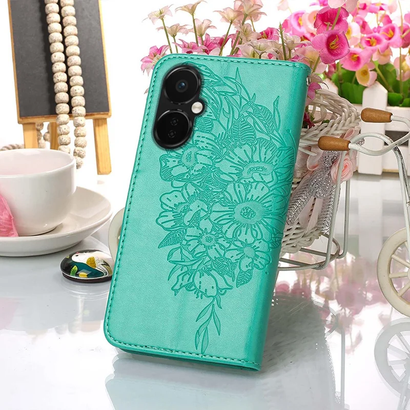 For OnePlus Nord CE 3 Lite 5G / Nord N30 5G Wallet Case with Wrist Strap Butterfly Imprint Leather Phone Cover - Green