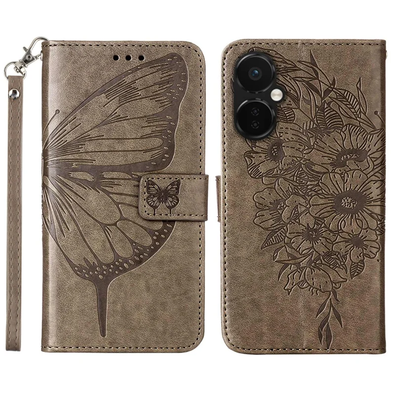 For OnePlus Nord CE 3 Lite 5G / Nord N30 5G Wallet Case with Wrist Strap Butterfly Imprint Leather Phone Cover - Grey