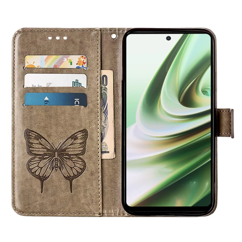 For OnePlus Nord CE 3 Lite 5G / Nord N30 5G Wallet Case with Wrist Strap Butterfly Imprint Leather Phone Cover - Grey