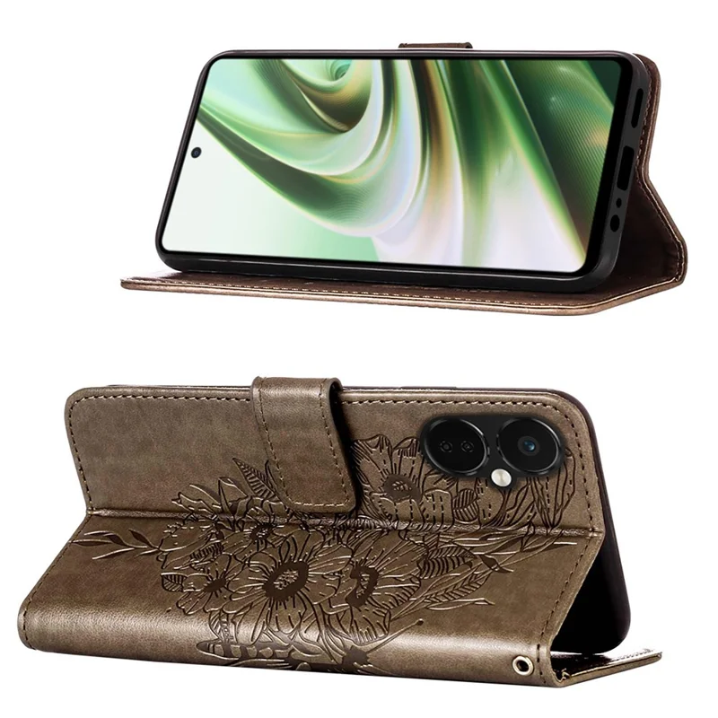 For OnePlus Nord CE 3 Lite 5G / Nord N30 5G Wallet Case with Wrist Strap Butterfly Imprint Leather Phone Cover - Grey