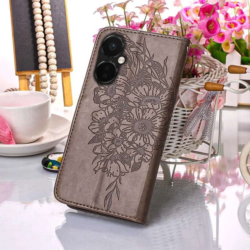 For OnePlus Nord CE 3 Lite 5G / Nord N30 5G Wallet Case with Wrist Strap Butterfly Imprint Leather Phone Cover - Grey