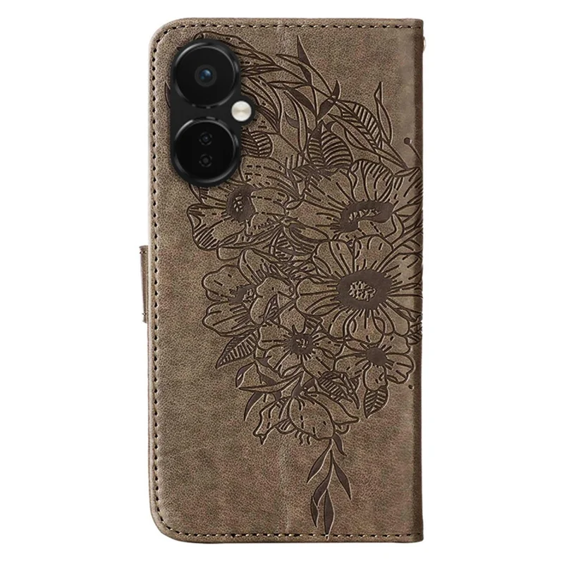 For OnePlus Nord CE 3 Lite 5G / Nord N30 5G Wallet Case with Wrist Strap Butterfly Imprint Leather Phone Cover - Grey
