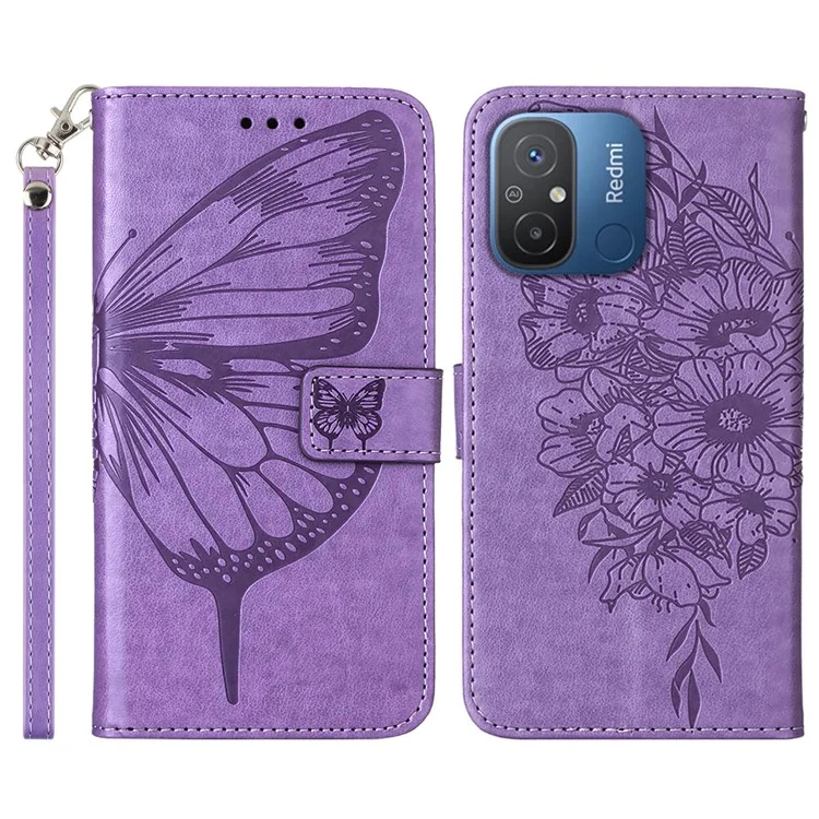 YB Imprinting Series-4 Кожаный чехол для телефона для Xiaomi Redmi 12C 4G / 11A 4G / Poco C55 4G, кошелек с бабочкой и цветочным стендом, флип-чехол для телефона с ремешком для руки - фиолетовый