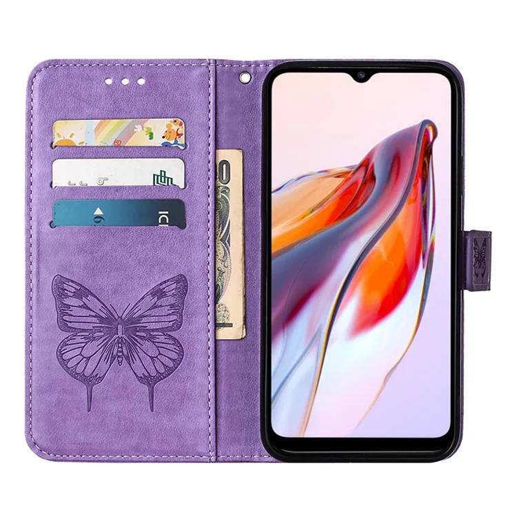 YB Imprinting Series-4 Кожаный чехол для телефона для Xiaomi Redmi 12C 4G / 11A 4G / Poco C55 4G, кошелек с бабочкой и цветочным стендом, флип-чехол для телефона с ремешком для руки - фиолетовый
