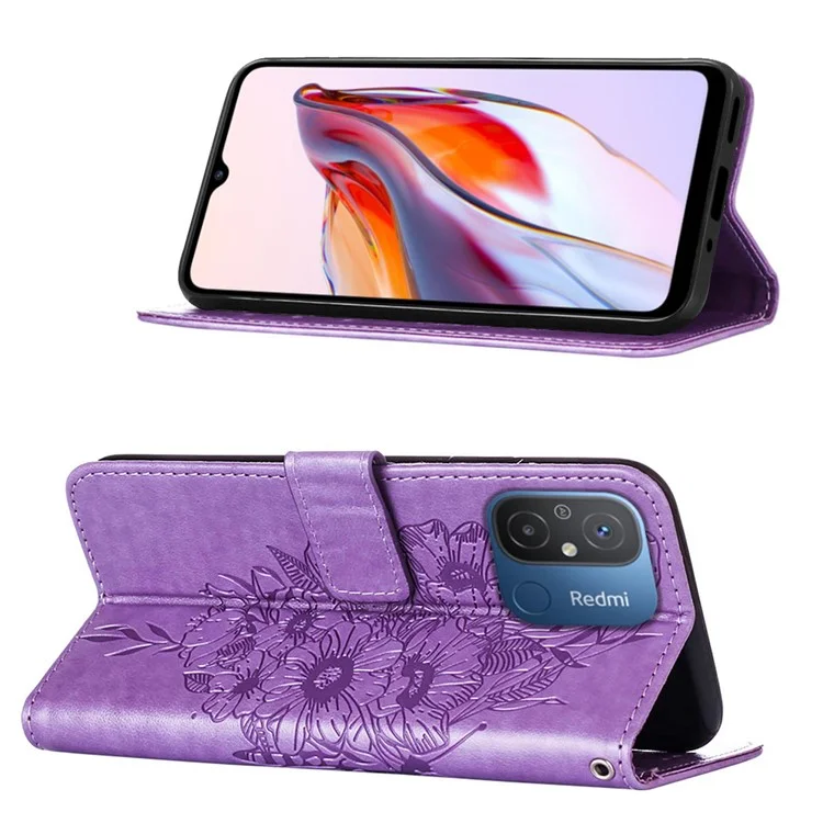 YB Imprinting Series-4 Кожаный чехол для телефона для Xiaomi Redmi 12C 4G / 11A 4G / Poco C55 4G, кошелек с бабочкой и цветочным стендом, флип-чехол для телефона с ремешком для руки - фиолетовый