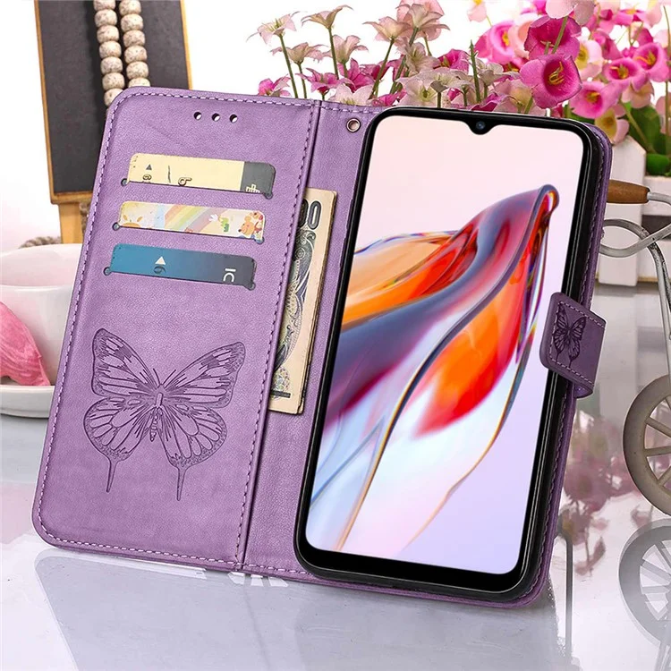 YB Imprinting Series-4 Кожаный чехол для телефона для Xiaomi Redmi 12C 4G / 11A 4G / Poco C55 4G, кошелек с бабочкой и цветочным стендом, флип-чехол для телефона с ремешком для руки - фиолетовый