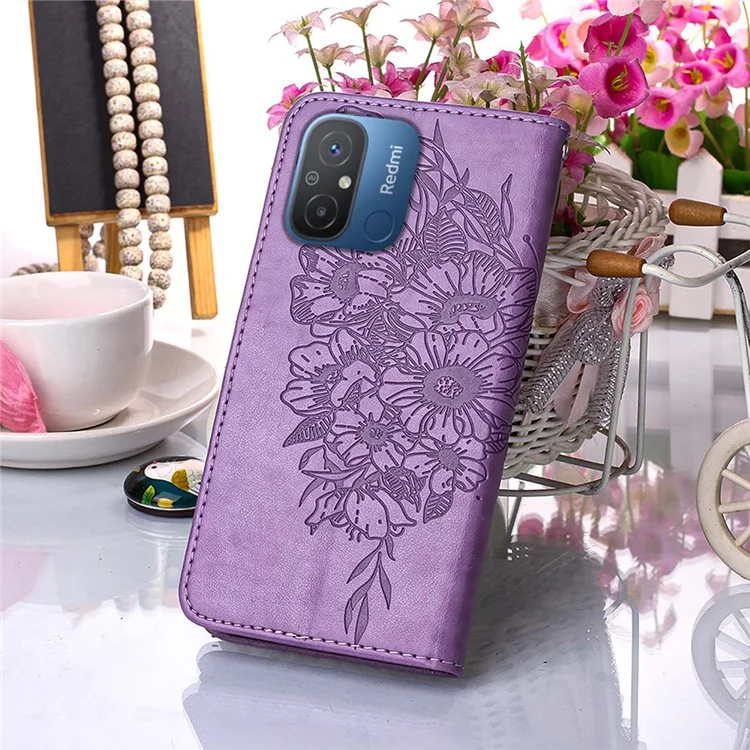 YB Imprinting Series-4 Кожаный чехол для телефона для Xiaomi Redmi 12C 4G / 11A 4G / Poco C55 4G, кошелек с бабочкой и цветочным стендом, флип-чехол для телефона с ремешком для руки - фиолетовый