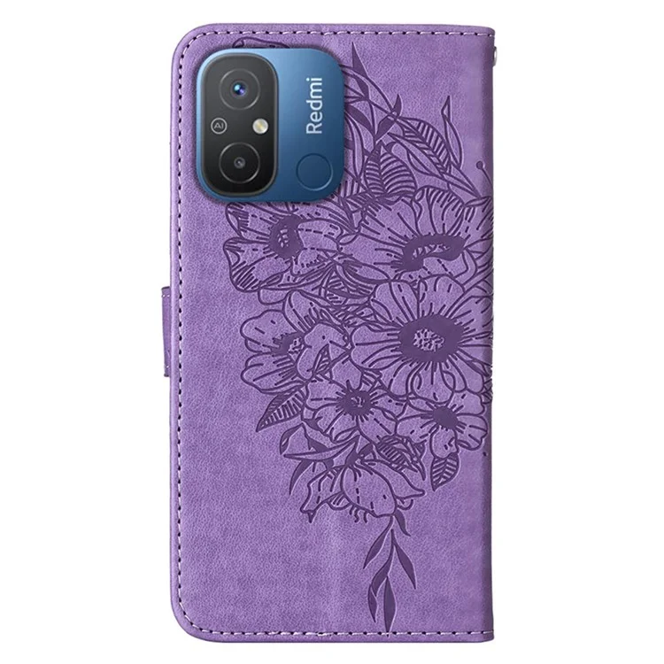YB Imprinting Series-4 Кожаный чехол для телефона для Xiaomi Redmi 12C 4G / 11A 4G / Poco C55 4G, кошелек с бабочкой и цветочным стендом, флип-чехол для телефона с ремешком для руки - фиолетовый