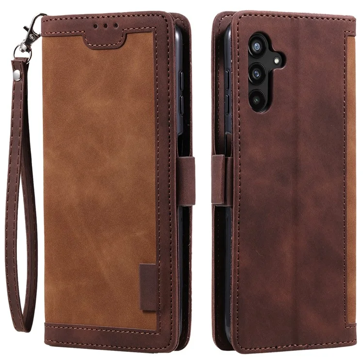 For Samsung Galaxy A14 5G / 4G Stand Wallet Cover, Retro Color Splicing PU Leather Phone Case with Strap - Brown