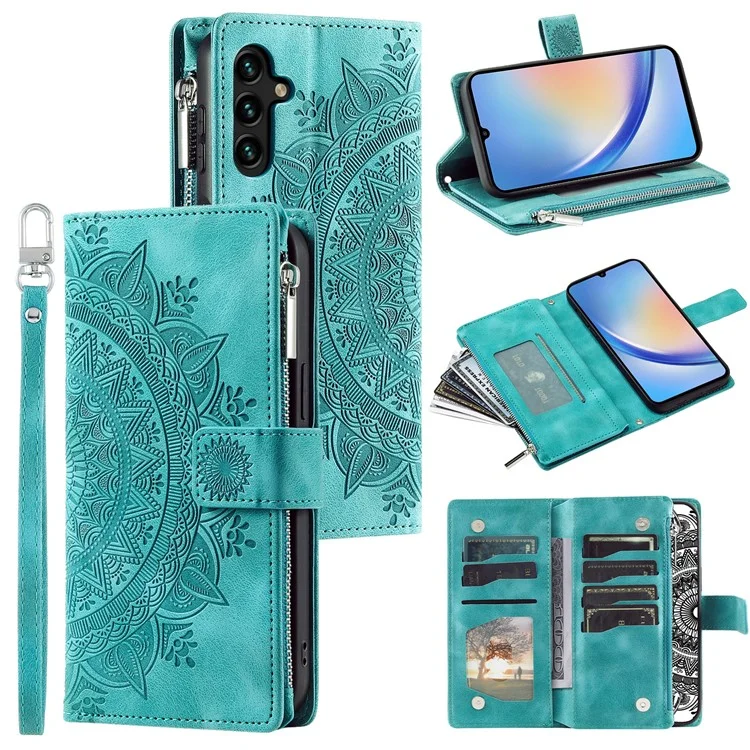 Leather Flip Cover for Samsung Galaxy A24 4G (162.1 x 77.6 x 8.3mm) Mandala Flower Pattern Wallet Phone Case - Green