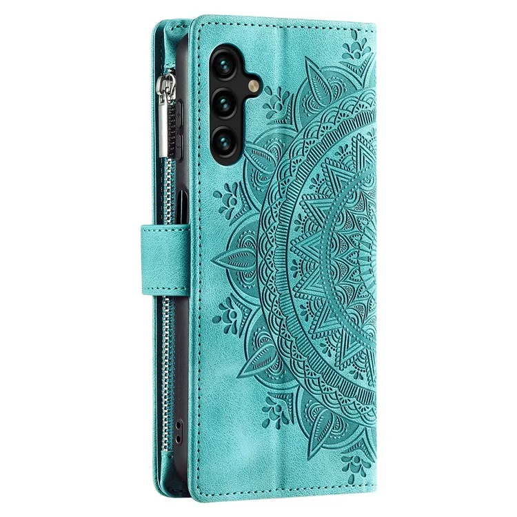 Leather Flip Cover for Samsung Galaxy A24 4G (162.1 x 77.6 x 8.3mm) Mandala Flower Pattern Wallet Phone Case - Green