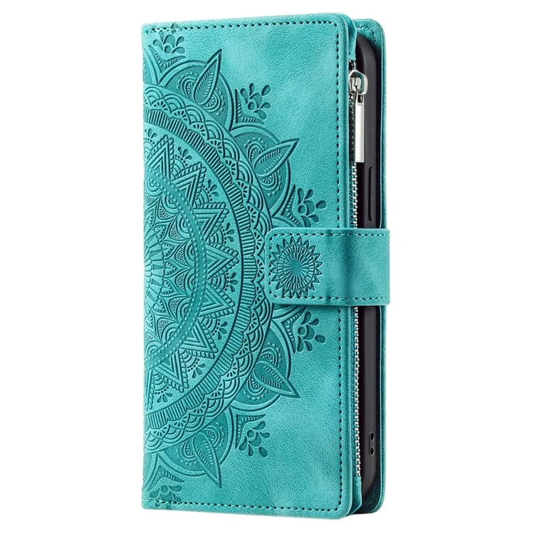Leather Flip Cover for Samsung Galaxy A24 4G (162.1 x 77.6 x 8.3mm) Mandala Flower Pattern Wallet Phone Case - Green