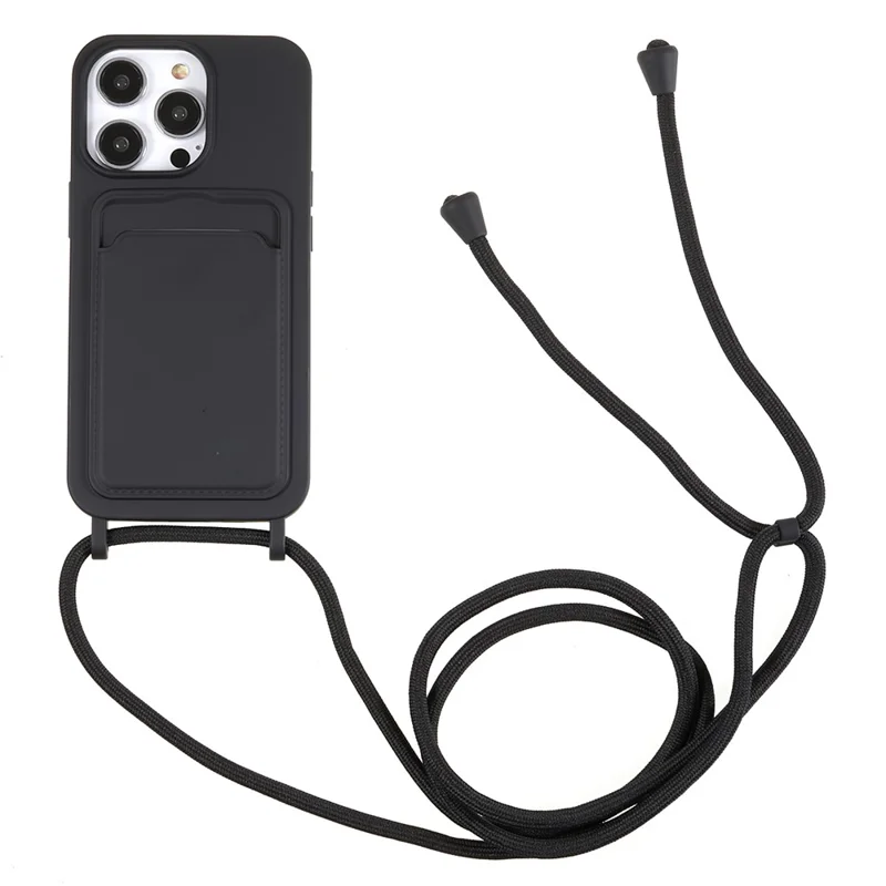 Liquid Silicone Case for iPhone 13 Pro Max 6.7 inch Anti-Drop Protective Phone Cover with Card Slot, Strap - Black
